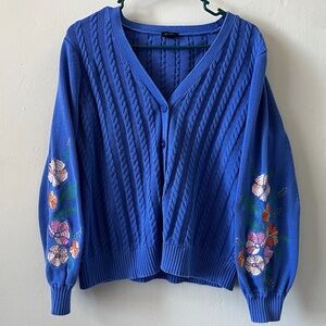 Talbots Blue Cardigan with Floral Embroidery Size Large 100% Cotton Button Down